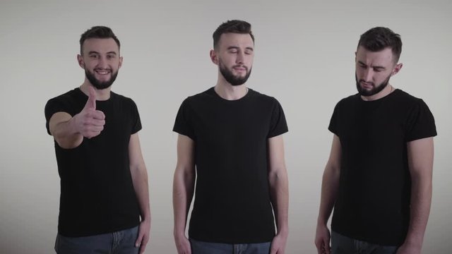 Triple image of brunette Caucasian man choosing between good and bad feelings. Depiction of sadness and happiness of same handsome person on white background. Self-awareness, lifestyle, emotions.