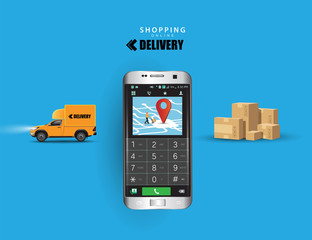 Online delivery service concept, online order tracking, Delivery home and office. City logistics. Warehouse, truck, forklift, courier, Chat order products on computer. Vector illustration