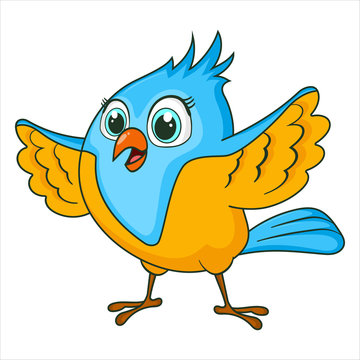 Littel Bird waving. Cute Young bird isolated on white background. Happy exotic bird cartoon character. Education card for kids learning animals. Logic Games for Kids. Vector in cartoon style