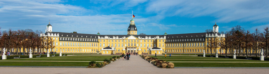 Wide Panorama of Castle Karlsruhe with Garden Square. In District Karlsruhe, Baden-Württemberg, Germany