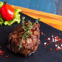 Juicy grilled beef steak. Macro view. Closeup