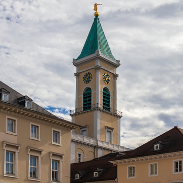 Tower of Central Church, Evangelische Stadtkirche Karlsruhe with surrounding Buildings roof. Karlsruhe, Baden-W&uuml;rttemberg, Germany