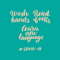 Coronavirus warning poster. Covid-19 inscription lettering banner. Sign to prevent desease outbreak. Stop corona virus epidemic concept leaflet. Vector eps 10.