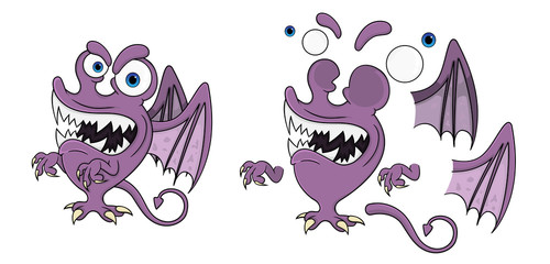 Purple Monster with Wings Cartoon Character. Isolated on white background vector. Some elements on separate layers.