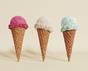 Three ice cream waffle cones standing upright against neutral background. 3D illustration