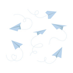 Vector set of paper airplane isolated on white background. Icon symbol of travel and route. 