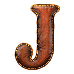 Leather letter J uppercase. 3D render font with skin texture isolated on white background.
