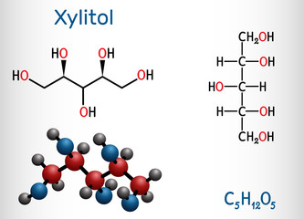 Xylitol,  C5H12O5 molecule. It is polyalcohol and sugar alcohol, an alditol. Is used as food additive E967 and sugar substitute.  Structural chemical formula and molecule model