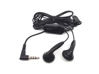 Earphones for mobile phone isolated on white background. Black earbud for smartphone.