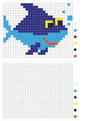 Fototapeta premium Kids coloring page, pixel coloring cartoon shark. Vector illustration