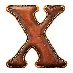 Leather letter X uppercase. 3D render font with skin texture isolated on white background.