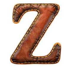 Leather letter Z uppercase. 3D render font with skin texture isolated on white background.