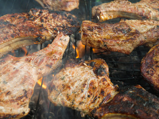 Obraz na płótnie Canvas Meat on fire close-up