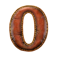 Number 0 made of leather. 3D render font with skin texture isolated on white background.