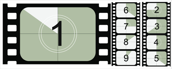 Movie countdown, vintage silent film and blank full frame still photography film realistic thirty five millimeters proportions, set of icons