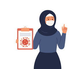 Arab woman wearing hijab and protective face mask reports information and news about the viral infectious disease. Coronavirus epidemic concept