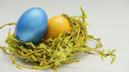 colorful Easter eggs in a nest of young willow branches