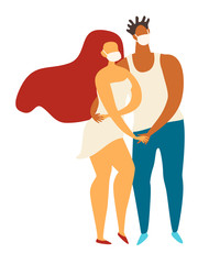 Coronavirus quarantine epidemic concept. Dancing masked people vector illustration. Self isolation at home, rave party, social dance together.Cartoon style drawing icon. What to do at quarantine