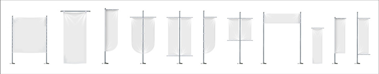 Blank flag. Outdoor empty stands for advertizing promotion messages textile flags vector realistic...