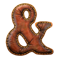 Symbol ampersand made of leather. 3D render font with skin texture isolated on white background.