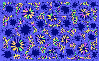 Colorful floral meadow on the blue backdrop. Flower pattern background. Bright drawing. Doodle art. Vector artwork