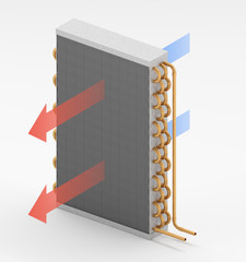 3D illustration of a cooling coil with air flow arrows