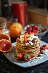 pankake breakfast with yogurt honey and strawberries