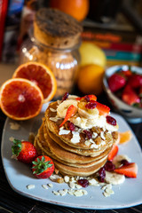 pankake breakfast with yogurt honey and strawberries