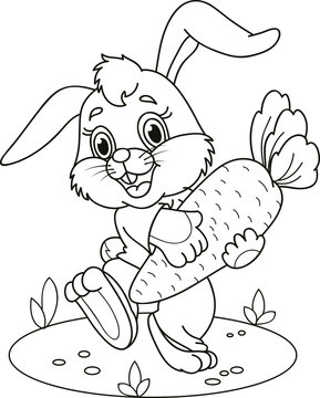 Coloring page outline of cartoon rabbit with carrot. Vector illustration, coloring book for kids.