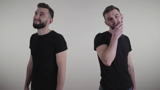 Double image of same man enjoying life and analyzing everything. Portrait of handsome young Caucasian guy expressing rejoice and doubtfulness. Lifestyle, individuality, feelings.