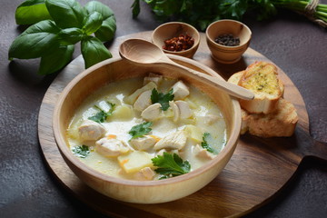 Creamy soup with chicken and vegetables 
