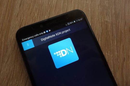 KONSKIE, POLAND - JULY 17, 2018: DigitalNote (XDN) cryptocurrency website displayed on a modern smartphone
