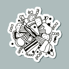 Hand-drawn vector composition of sweet cake slices, sweets, biscuits and various cakes isolated on the white background. Vector sweets design. Sticker with different sweets. Doodle style.