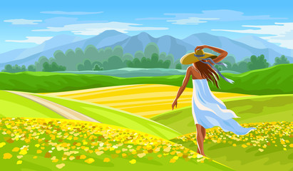 Girl in white dress on Summer beautiful landscape with rapeseed field. Provence landscape