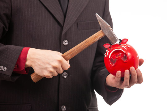 Businessman Break His Red Piggybank