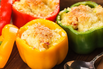 Seafood rice with cheese, stuffed peppers with rice and minced meat. .Grilled green pepper with cheese