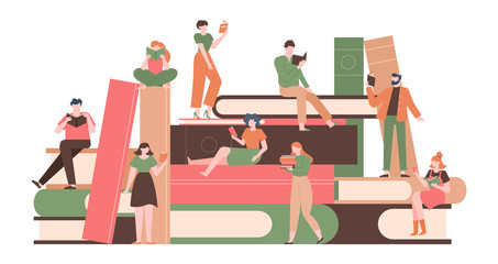 People with books. Reading characters on big books pile, literature fans with huge book stack, reading woman and man isolated vector illustration. People with book reading, reader studying