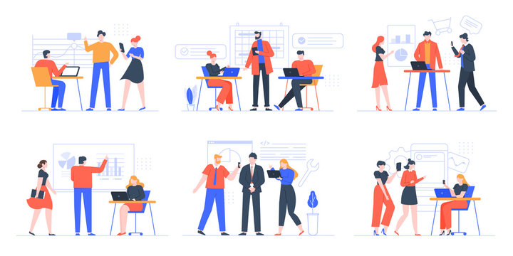 Coworking Business Team. People Working Together, Creative Teamwork In Coworking Space, Office Teamwork Meeting Vector Illustration Set. Creative Teamwork, Cooperation Partnership Brainstorming