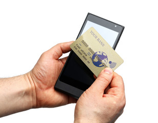 Male hands holding wireless pos terminal and banking card isolated on white background