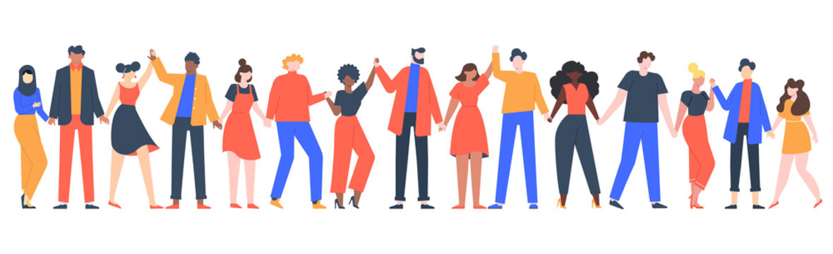 Group of smiling people. Team of young men and women holding hands, characters standing together, friendship, unity concept vector illustration. Group people woman and man standing