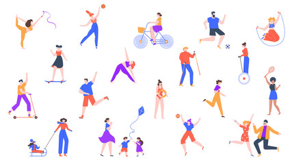 Fototapeta na wymiar Outdoor activity. Characters jogging and do sports, outdoor healthy activities, riding kick scooter, roller skating and cycling vector icon set. Character activity sport, badminton illustration