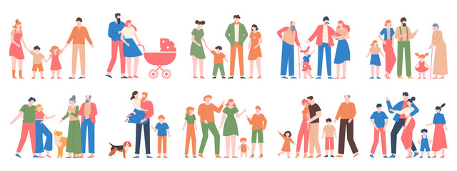 Family groups. Love family portraits, traditional families, mother, father, happy kids, different generations characters vector illustration set. Happy mother father together, portrait collection