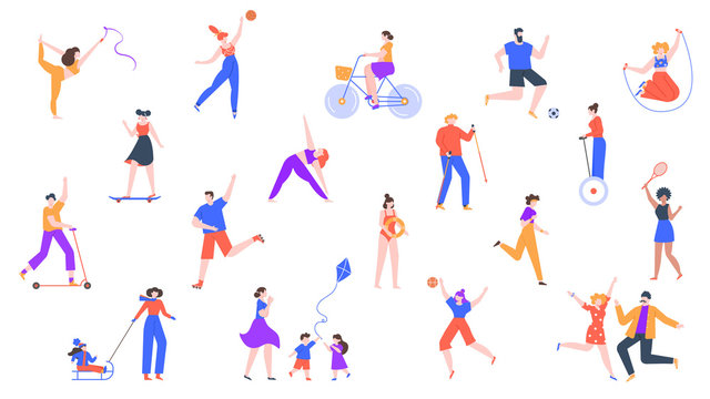Outdoor activity. Characters jogging and do sports, outdoor healthy activities, riding kick scooter, roller skating and cycling vector icon set. Character activity sport, badminton illustration