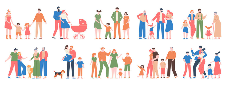 Family groups. Love family portraits, traditional families, mother, father, happy kids, different generations characters vector illustration set. Happy mother father together, portrait collection