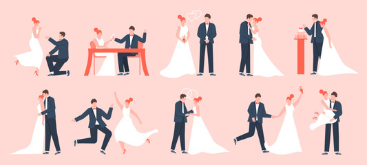 Fototapeta na wymiar Wedding couple. Marriage bride and groom, newlyweds in love, young family dancing and celebrating, marriage ceremony vector illustration set. Bride and groom, wedding marriage love, dress newlywed