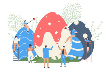 Easter egg colouring. Spring event eggs decorating, characters paint huge easter eggs, spring holiday colorful chocolate egg vector illustration. Easter spring event, egg decoration for holiday