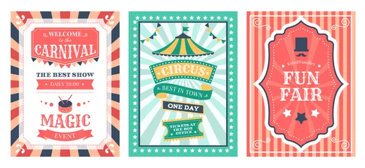 Deurstickers Retro circus poster. Vintage circus carnival show invitation, holiday party flyer templates, magic circus event elements vector illustration set. Magic circus festival, invitation to carnival card © WinWin