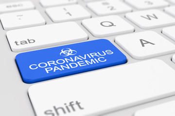 3d render of a keyboard with a blue key - coronavirus pandemic