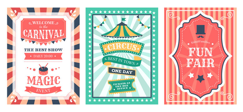 Retro circus poster. Vintage circus carnival show invitation, holiday party flyer templates, magic circus event elements vector illustration set. Magic circus festival, invitation to carnival card