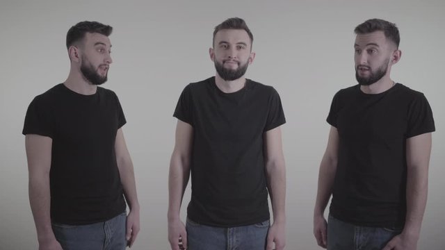 Portrait of handsome Caucasian man making decision on white background. Triple image of same person advising yes and no by shaking head. Challenge, lifestyle, decision-making.